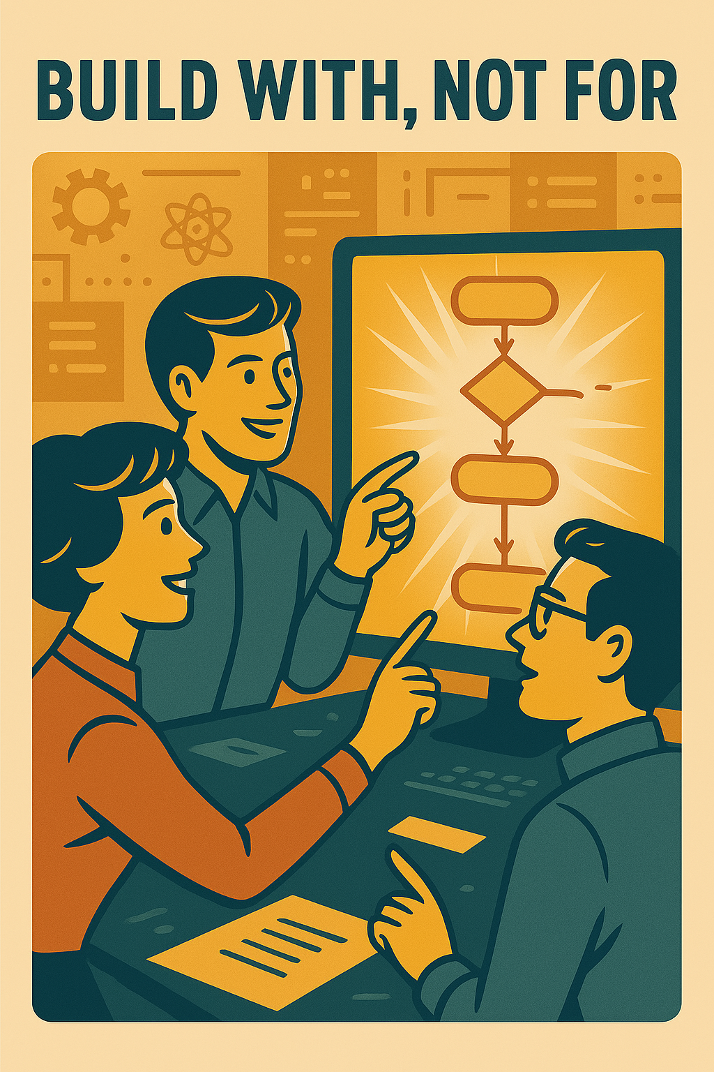 “Retro-style digital illustration of three creators collaborating in front of a glowing screen displaying a flowchart. The characters are styled in a mid-century modern aesthetic, smiling and pointing at the diagram, symbolizing co-creation, clarity, and shared innovation. Background features abstract gears, circuits, and warm tones of gold, teal, and orange, reinforcing the theme ‘Build With, Not For.