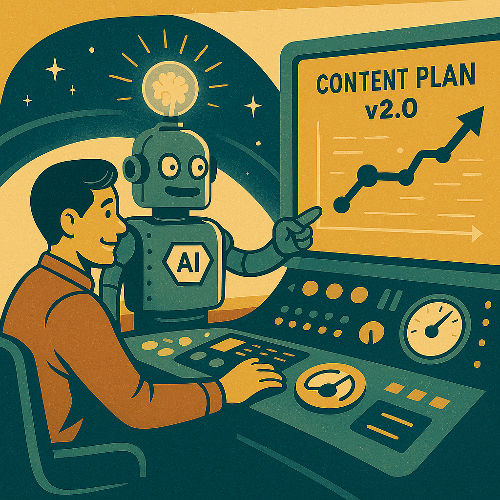 Retro-futurist illustration of a smiling content creator working at a vintage space-age control dashboard beside a friendly AI robot with a glowing brain node. The robot points to a screen labeled ‘Content Plan v2.0’ showing a rising growth chart, symbolizing automation, intelligent planning, and AI-powered content strategy for creators.