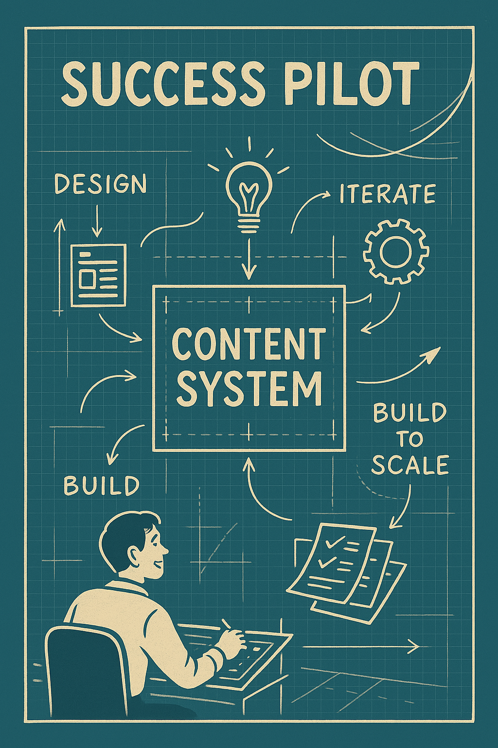 Retro blueprint-style illustration titled ‘SUCCESS PILOT’ showing a hand-drawn diagram of a content system. At the center is a box labeled ‘Content System,’ surrounded by labeled arrows pointing to icons for ‘Design,’ ‘Iterate,’ ‘Build,’ and ‘Build to Scale.’ At the bottom, a smiling creator sketches at a drafting table, symbolizing hands-on, iterative development. The entire image is styled in cream and teal with gridlines, evoking a vintage engineering schematic.