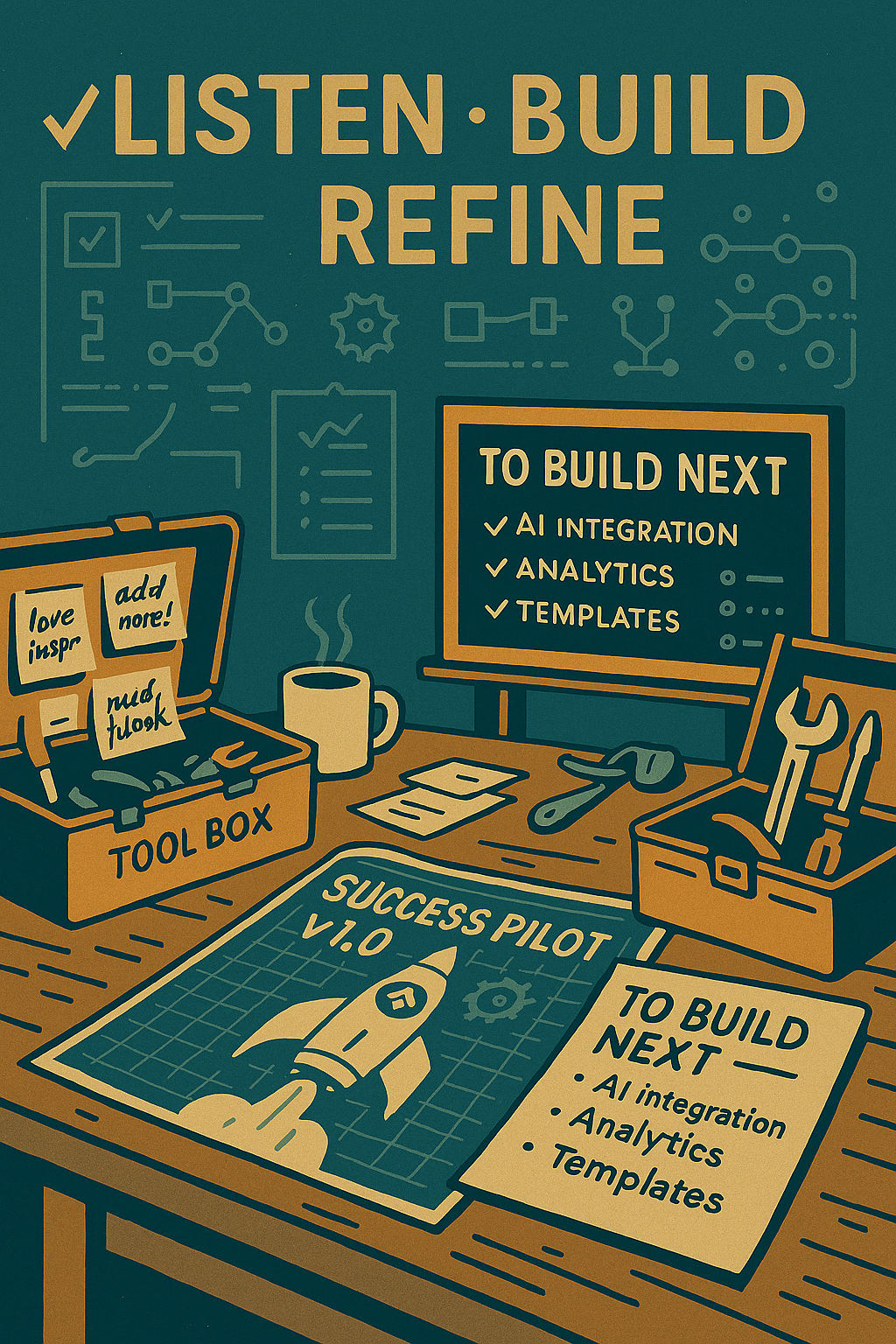  “Retro-styled digital illustration of a wooden workbench featuring open toolboxes, sticky notes from creators, a steaming coffee mug, and a blueprint labeled ‘Success Pilot v1.0’ with a rocket diagram. Behind the desk, a chalkboard displays feature diagrams and the bold phrase ‘✓ LISTEN · BUILD · REFINE,’ alongside a glowing task list titled ‘To Build Next’ with AI integration, analytics, and templates. The scene represents collaborative product evolution and user-driven growth.