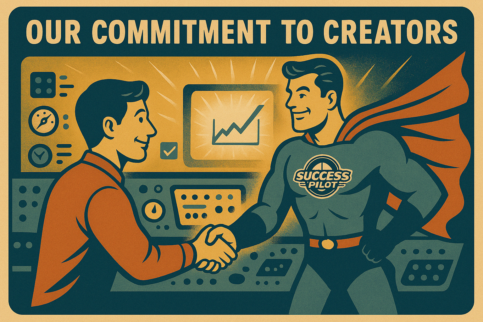 Retro-futurist illustration of a smiling content creator shaking hands with a superhero wearing a cape and the Success Pilot logo on his chest. They’re standing in front of a glowing dashboard filled with dials and screens, symbolizing collaboration, innovation, and commitment to creators.