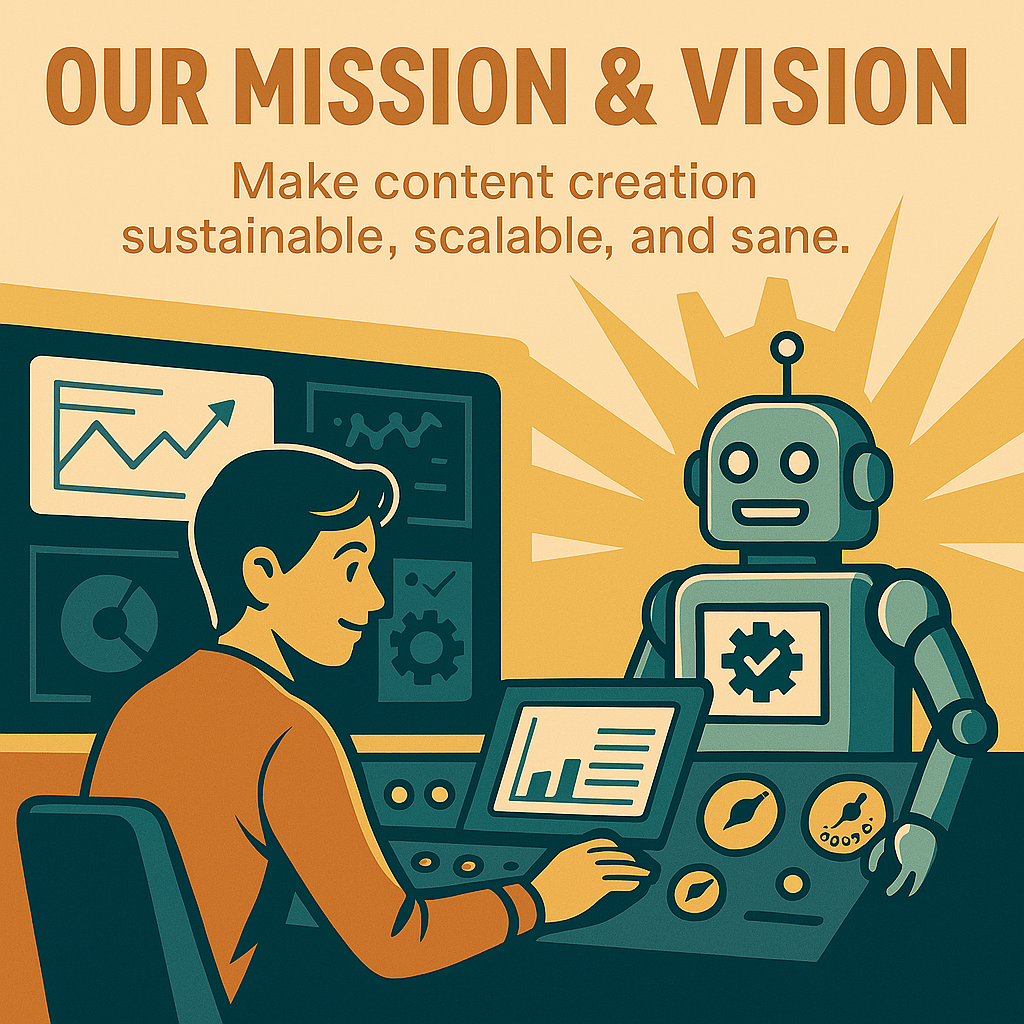 Retro-futurist digital illustration of a young creator at a stylized control console, collaborating with a friendly 1950s-style robot assistant. The creator monitors content dashboards on glowing screens, while the robot gestures toward a gauge labeled with growth metrics. The scene is set against a bright sunburst backdrop, symbolizing optimism, progress, and co-creation.