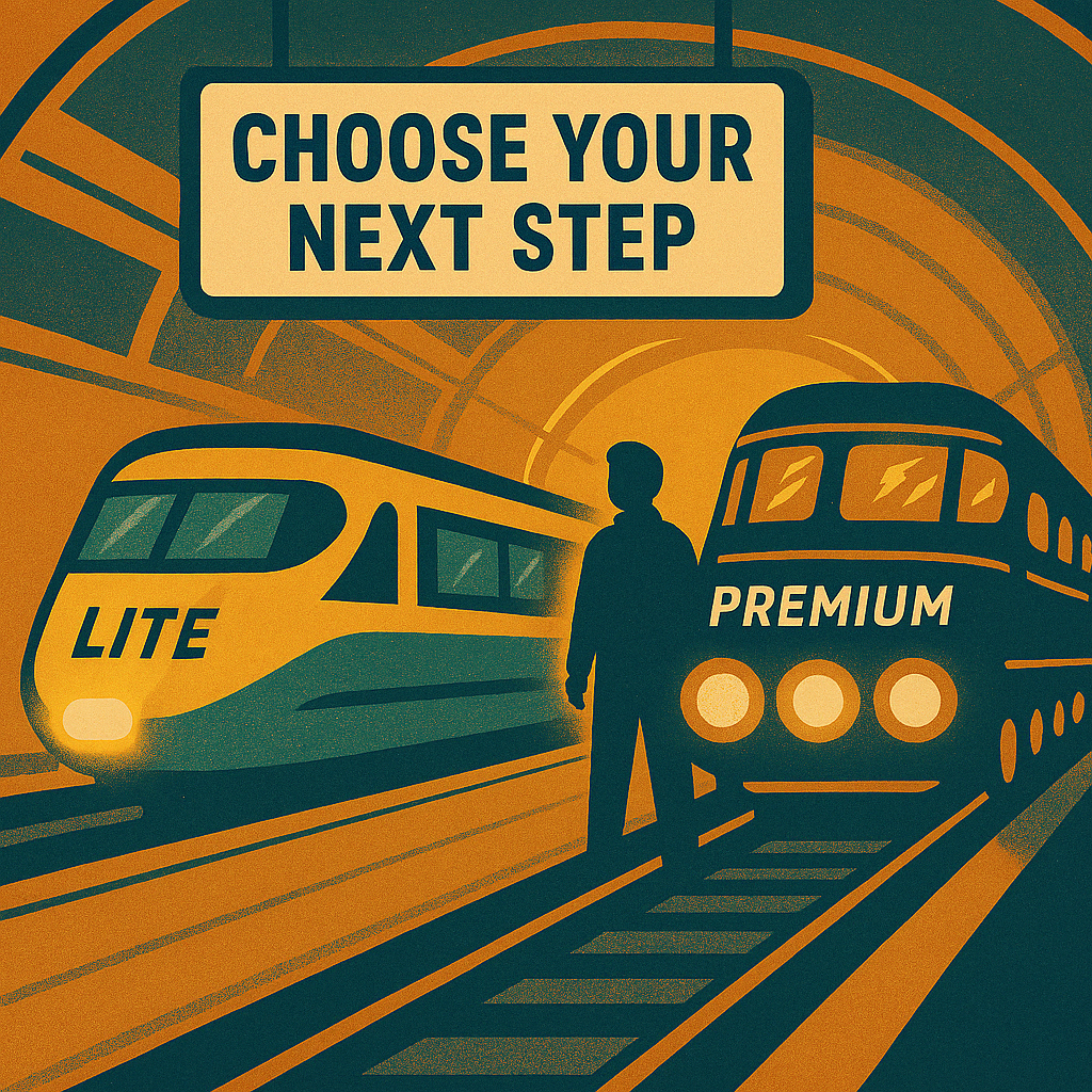Retro-futurist illustration of a silhouetted creator standing at a vintage train platform with two glowing trains labeled ‘Lite’ and ‘Premium.’ A bold sign above reads ‘Choose Your Next Step,’ symbolizing flexible entry points into Success Pilot’s content planning system. The scene evokes progress, personalization, and the freedom to grow at your own pace.