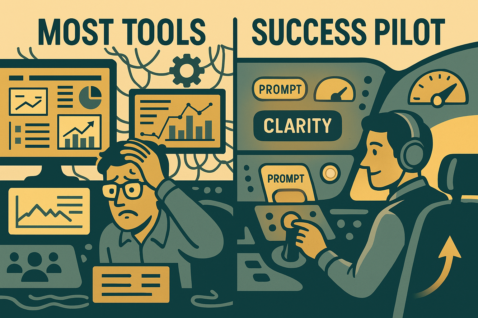 Side-by-side retro cockpit panels showing cluttered vs. streamlined content workflows – Success Pilot difference