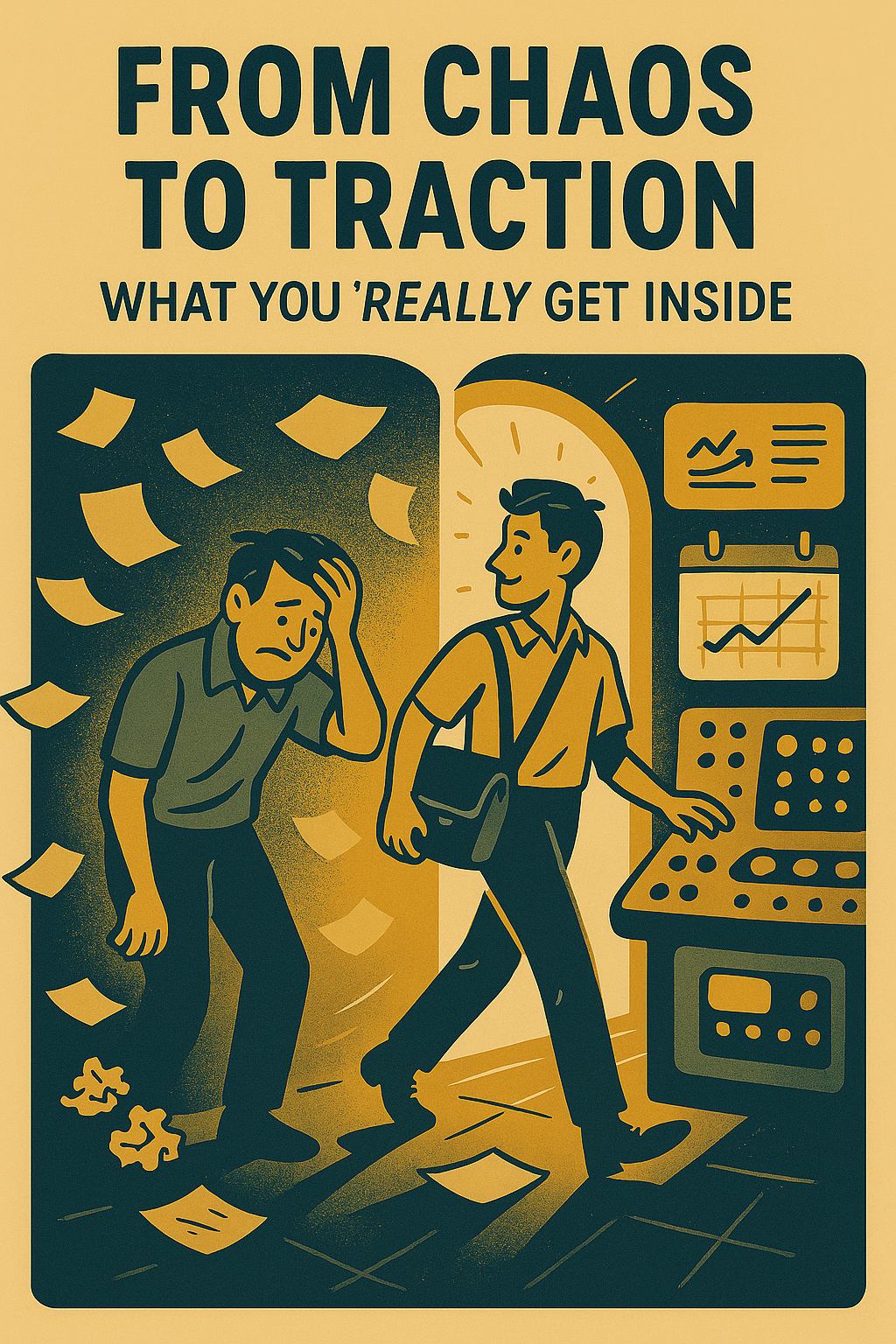 Retro-style digital illustration of a content creator stepping from a chaotic workspace into a futuristic control center, symbolizing the transformation offered by Success Pilot Lite