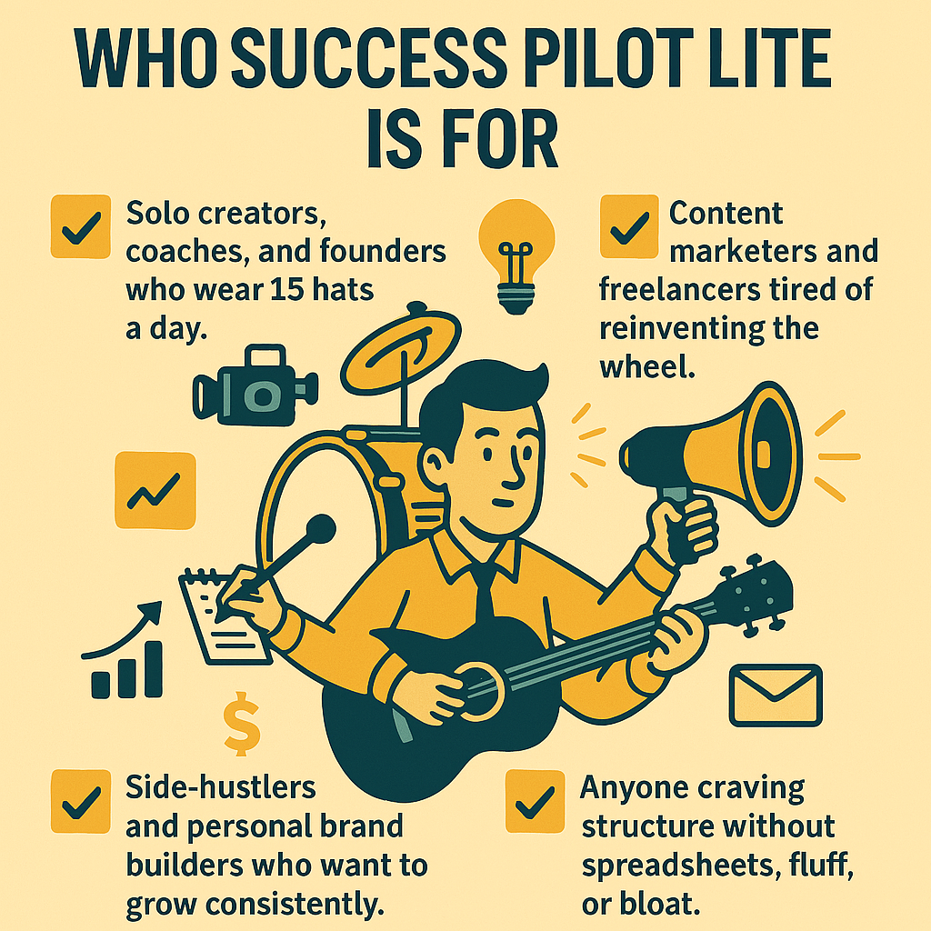Retro illustration of a multitasking content creator juggling tools, coaching, and content production – Success Pilot audience