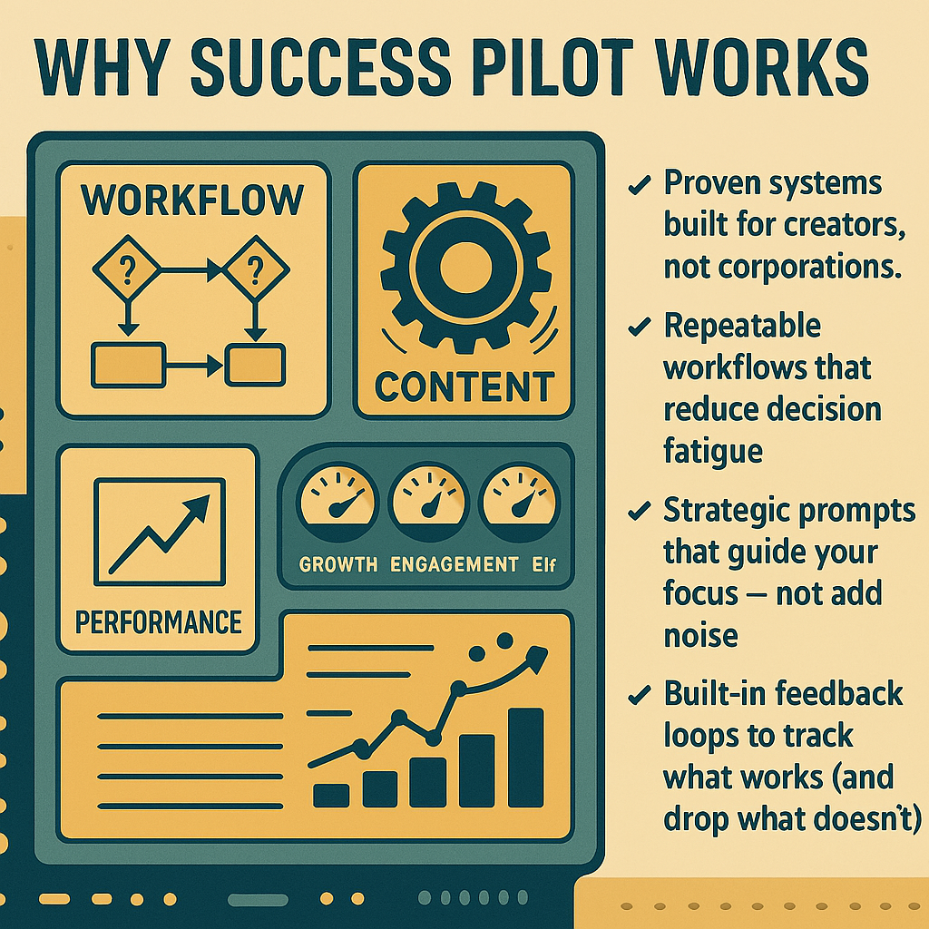 Infographic detailing how Success Pilot works: Workflow, Content, and Performance tracking