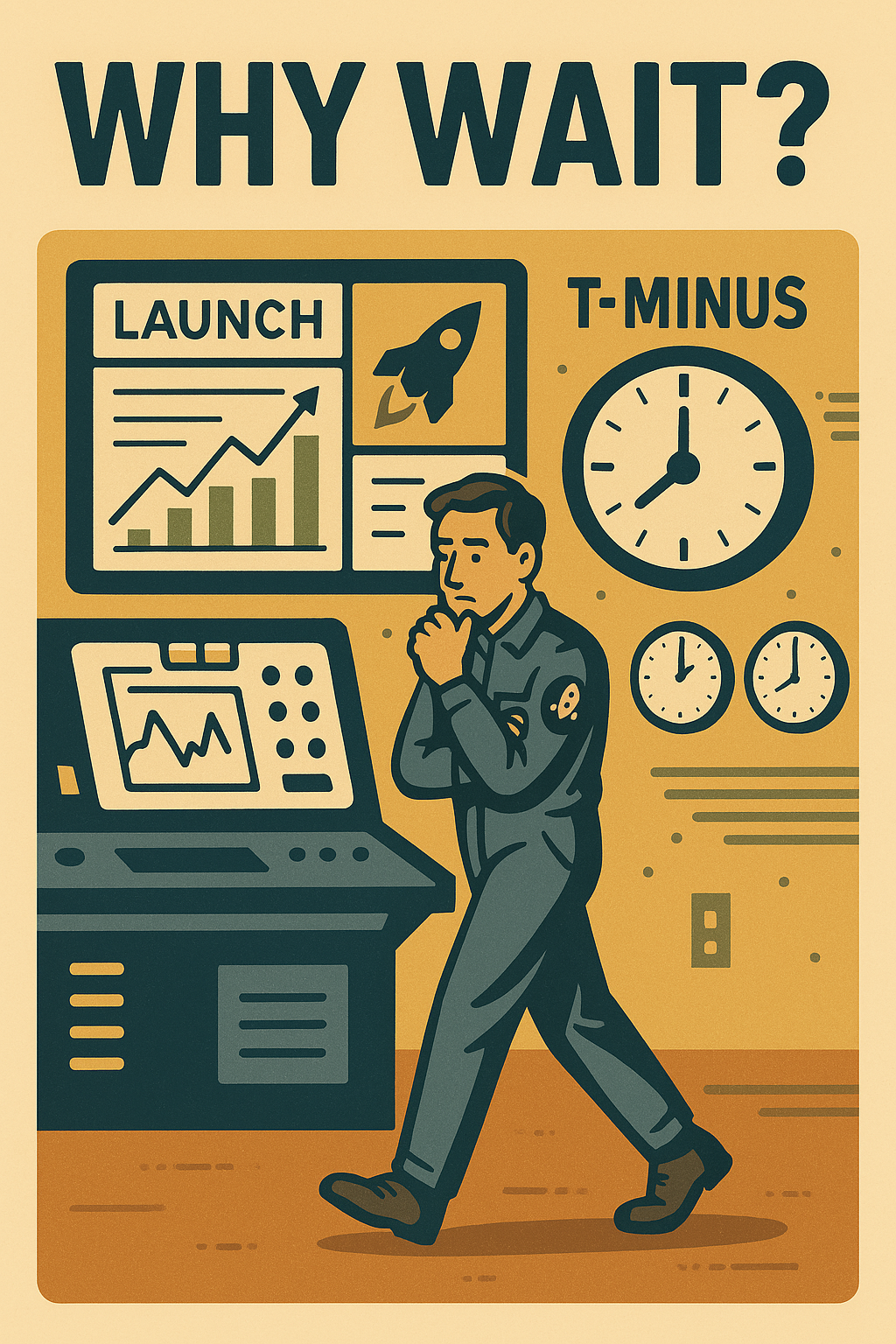 Retro dashboard countdown with T-minus launch visuals and blinking indicators – urgency for joining Success Pilot