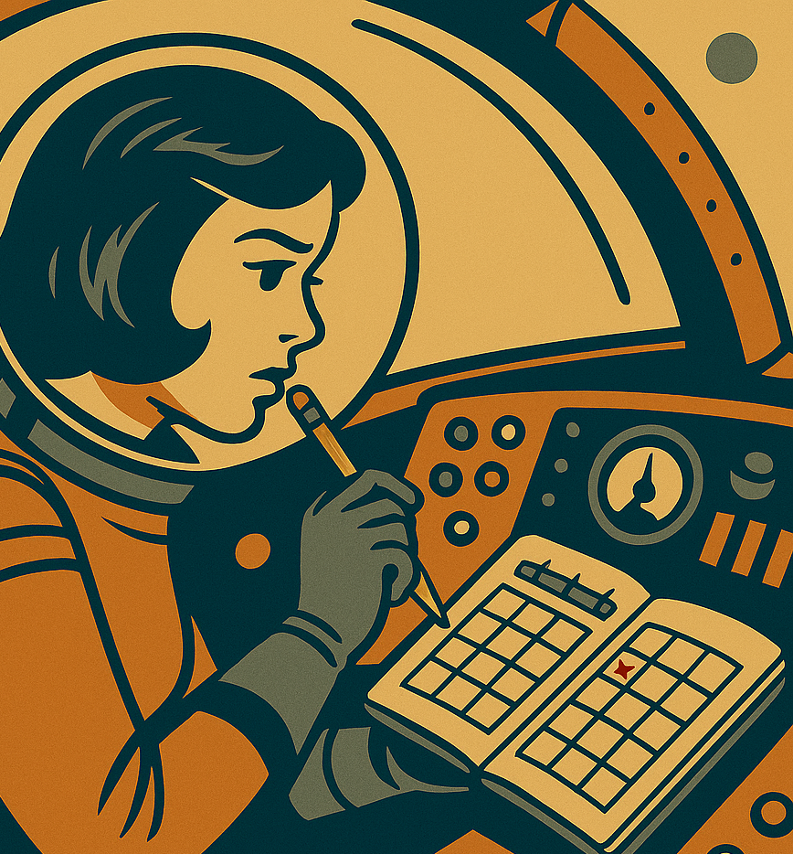 Retro content planner in space suit using calendar inside rocket cockpit