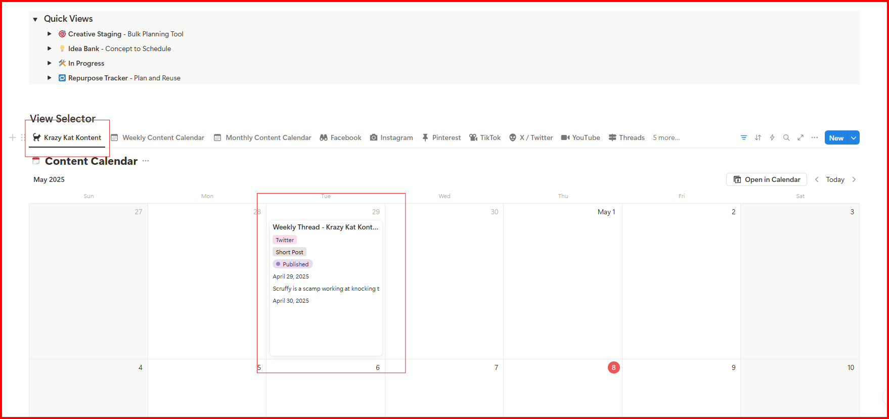 Notion calendar filtered for a single client in Success Pilot showing a weekly post for ‘Krazy Kat Kontent’ with platform and status tags.